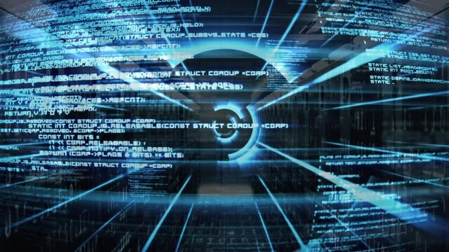 Animation of circular tunnel over computer language against against server room in background
