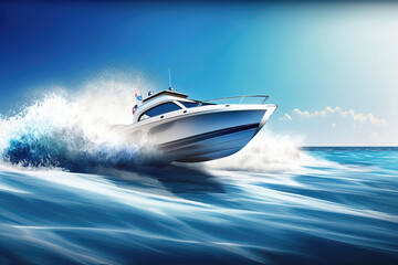 Modern boat in full speed on beautiful blue sea, illustration generative AI - obrazy, fototapety, plakaty