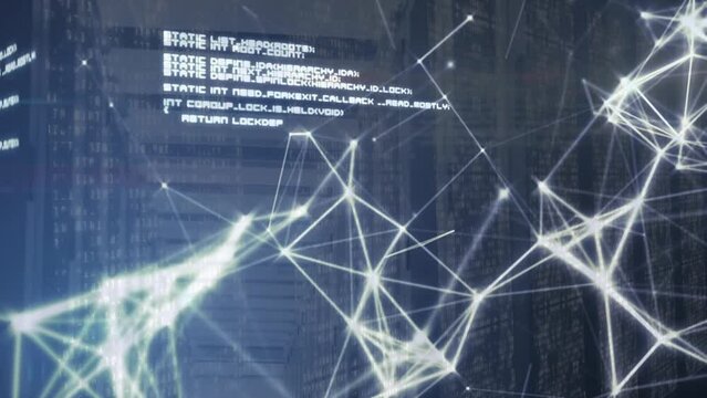 Animation of computer language and connected dots over binary codes on server rack