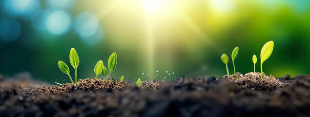 The seedling are growing from the rich soil to the morning sunlight that is shining, ecology concept. wide panoramic banner, digital ai - obrazy, fototapety, plakaty