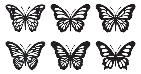 Obraz na płótnie Canvas Butterfly silhouette icons set, Insect butterfly black silhouette, Set of tattoo and sticker type vector butterflies