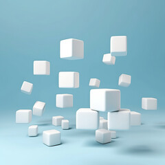 Fototapeta na wymiar 3D white cubes with rounded corners levitate in the air,abstract blue background with squares
