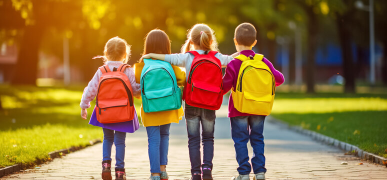 Back to school. Happy children ready for primary school. Pupils on first day of school. Girls and boys with backpacks. Education for kindergarten and preschool kids, digital ai