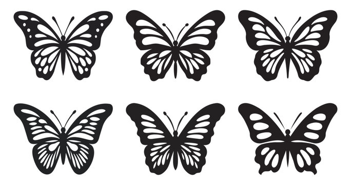 Silhouettes of butterflies, Insect butterfly black silhouettes, Set of tattoo and sticker type vector butterflies