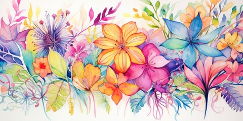 Fototapeta na wymiar a whimsical comic panel of tropical watercolor flowers in a lively garden, drawn with playful lines and bright, cheerful colors Tropical Watercolor Flowers Generative Ai Digital Illustration
