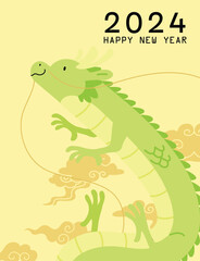 Cute flying chinese dragon for cny 2024 card vector template. Year of the dragon design with dragon flying in asian auspicious clouds background. Happy lunar new year card in Asia.