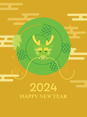 Coiled chinese dragon 2024 new year card. Lunar new year greetings card template vector with traditional chinese or japanese style clouds.