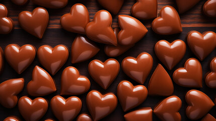 Fototapeta premium Tasty heart-shaped chocolate candies as background, top view. Valentine's day. Generative AI
