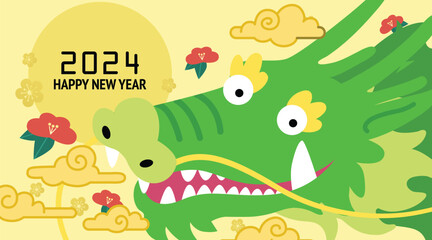 Chinese dragon head close-up new year 2024 banner template vector with oriental clouds and decorative flowers. Happy year of the dragon or lunar new year 2024 in Asia.