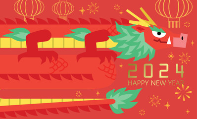 Chinese zodiac stylized dragon 2024 with paper lanterns and fireworks in background. Year of the dragon banner template vector.