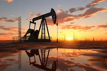Zelfklevend Fotobehang Sunset over Canadian oil fields with drilling rig. © Arctic