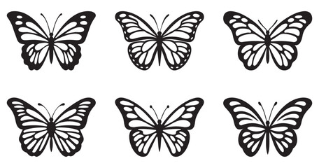 Obraz na płótnie Canvas Silhouettes of butterflies, Insect butterfly black silhouettes, Set of tattoo and sticker type vector butterflies