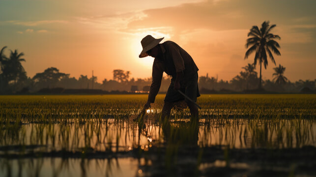 a farmer working in a rice paddy during sunrise: The hardworking silhouette of a farmer tending to the fields, with the sun rising over the horizon, symbolizing the connection between humanity and nat