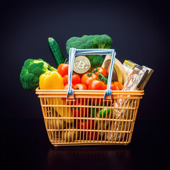 Shopping basket with groceries and bitcoin money. Created with generative AI technology.