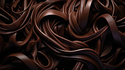 Dark chocolate curls background. Flat lay composition. Generative AI