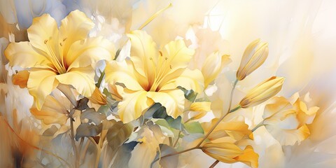 Fototapeta na wymiar Golden Elegance: Exquisite Yellow Flower Watercolor Illustration Blooms in a Sophisticated Setting - Evoking Grace and Glamour Yellow Watercolor Flowers Generative Ai Digital Illustration