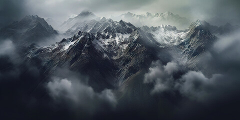 Dramatic snow-capped mountains landscape. Clouds and fog covers stone slopes. Generative AI