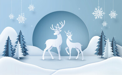 Reindeer with christmas tree and snow - 625868941