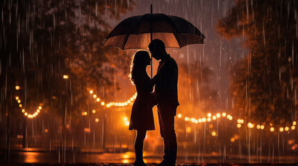 silhouette of a couple looking at each other with umbrellas in love in the rain