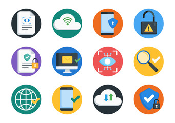 Technology flat icon pack. Internet security vector set. Computer, cloud, phone, lock, shield, scan, document, illustration.