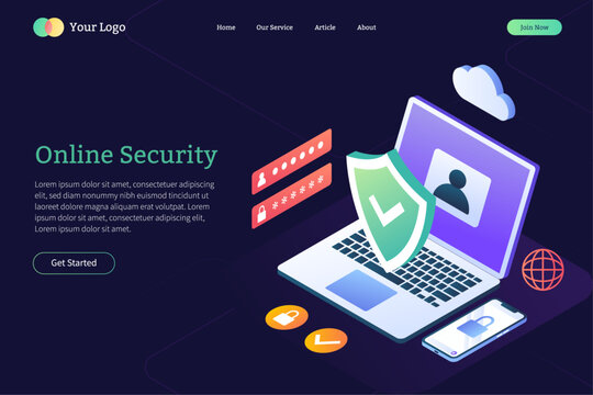 Online privacy illustration. Data protection vector. Cyber security, computer and shield isometric style.