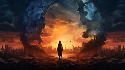 Man in Sunset in Armageddon City background