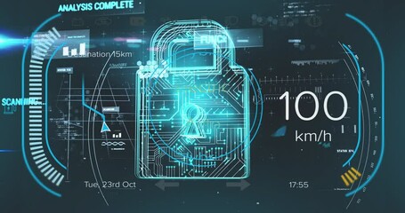 Animation of padlock over changing numbers in speedometer against graphs and computer language - Powered by Adobe