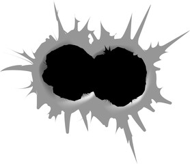 Ragged hole in metal from bullets. Bullet hole. Realistic metal bullet hole, damage effect.