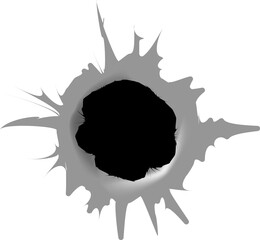 Ragged hole in metal from bullets. Bullet hole. Realistic metal bullet hole, damage effect.