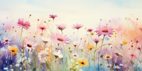 Obraz na płótnie Canvas Serene Watercolor Meadows: Tranquil Fields Adorned with Gentle Florals - Evoking Calmness and Harmony Loose Abstract Watercolor Flowers Generative Ai Digital Illustration