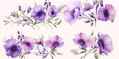Delicate Blooms - Stunning Vector Set of Handmade Watercolor Flowers and Twigs - Captivating Spring Design for Invitations  Purple Watercolor Flowers Generative Ai Digital Illustration