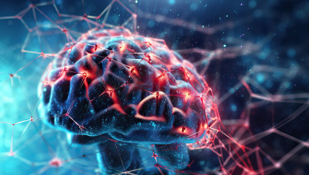 a blue brain surrounded by dots and connections,energy of the human,3d rendered illustration of a brain