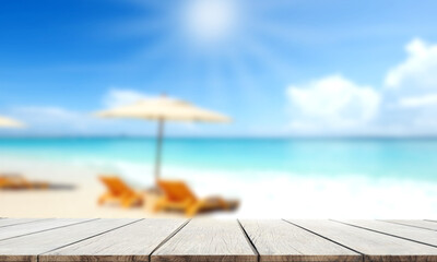 Wooden table. In nature background, blurred sea in summer season.