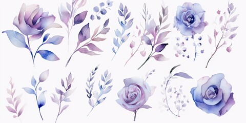 Transparent Roses, Pastel Blue Leaves, and Branches for Wedding Design and Greeting Cards Elegant Botanical Illustrations  Purple Watercolor Flowers Generative Ai Digital Illustration