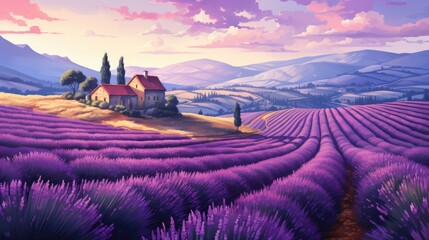 In the French countryside mountains, a foggy morning reveals a lavender field with a distant house. (Generative AI)
