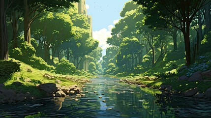 Water flows through lush green forest teeming with trees. (Generative AI)