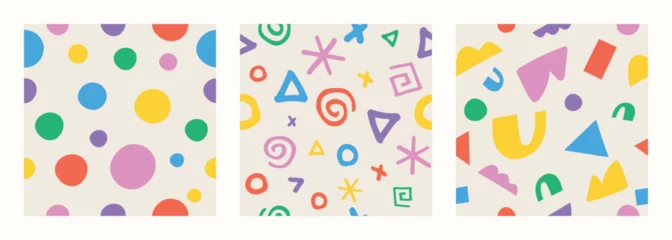 Crédence en verre imprimé Set of doodle in seamless pattern. Abstract art background vector design with childish scribble, geometric shape, doodle in vibrant color. Fun creative illustration for kids, fabric, prints, cover.