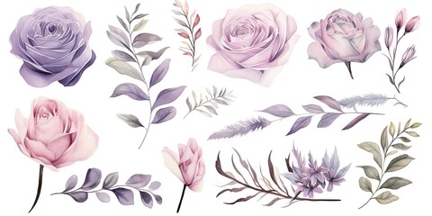isolated Arrangement of Large Pink Roses, Delicate Buds, Graceful Leaves, and Elegant Branches  Watercolor Flowers Paintings Generative Ai Digital Illustration