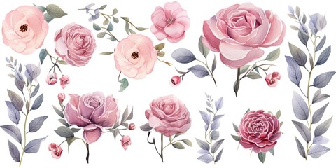   Delicate Watercolor Rose Floral Set: Captivating Transparent Blossoms in Various Sizes, Watercolor Flowers Paintings Generative Ai Digital Illustration