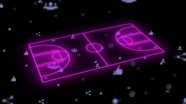 Animation of illuminated basketball court and connected like, people, share icon on black background