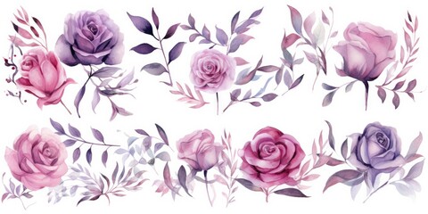 Transparent Floral Set of Majestic Pink Roses, Delicate Buds, Graceful Leaves, and Whimsical Branches  Watercolor Flowers Paintings Generative Ai Digital Illustration