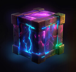 Neon glowing sci-fi tech cube, magic, game objects,3d rendered illustration of a cube,a box with purple green and blue lights