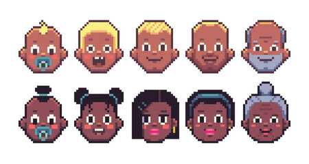 Set of different people avatars. Pixel art style. Vector illustration