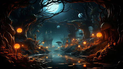Halloween pumpkin Halloween night scene with an owl on a tree, bats  - obrazy, fototapety, plakaty