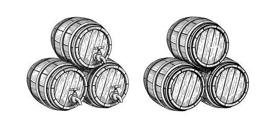 Wooden barrels. Hand drawn style. Engraved style alcohol, wine, beer or whiskey label. Vintage old wood keg. Vetor - 625872189