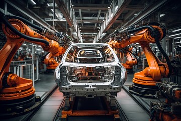 Fototapeta premium Automotive Assembly Line With Robots, Generative AI