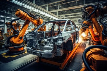 Automotive Assembly Line With Robots, Generative AI