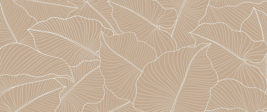 Botanical monstera leaf line art wallpaper background vector. Luxury natural hand drawn foliage pattern design in minimalist linear contour simple style. Design for fabric, cover, banner, invitation.