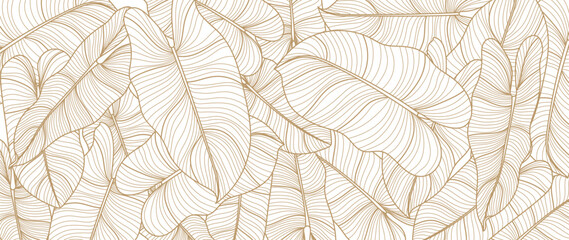 Botanical banana leaf line art wallpaper background vector. Luxury natural hand drawn foliage pattern design in minimalist linear contour simple style. Design for fabric, cover, banner, invitation. © TWINS DESIGN STUDIO