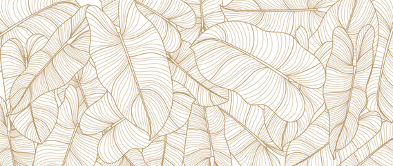 Botanical banana leaf line art wallpaper background vector. Luxury natural hand drawn foliage pattern design in minimalist linear contour simple style. Design for fabric, cover, banner, invitation.